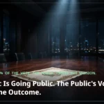 A single share certificate under a spotlight on a dark boardroom table