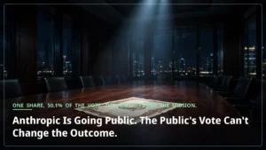 A single share certificate under a spotlight on a dark boardroom table