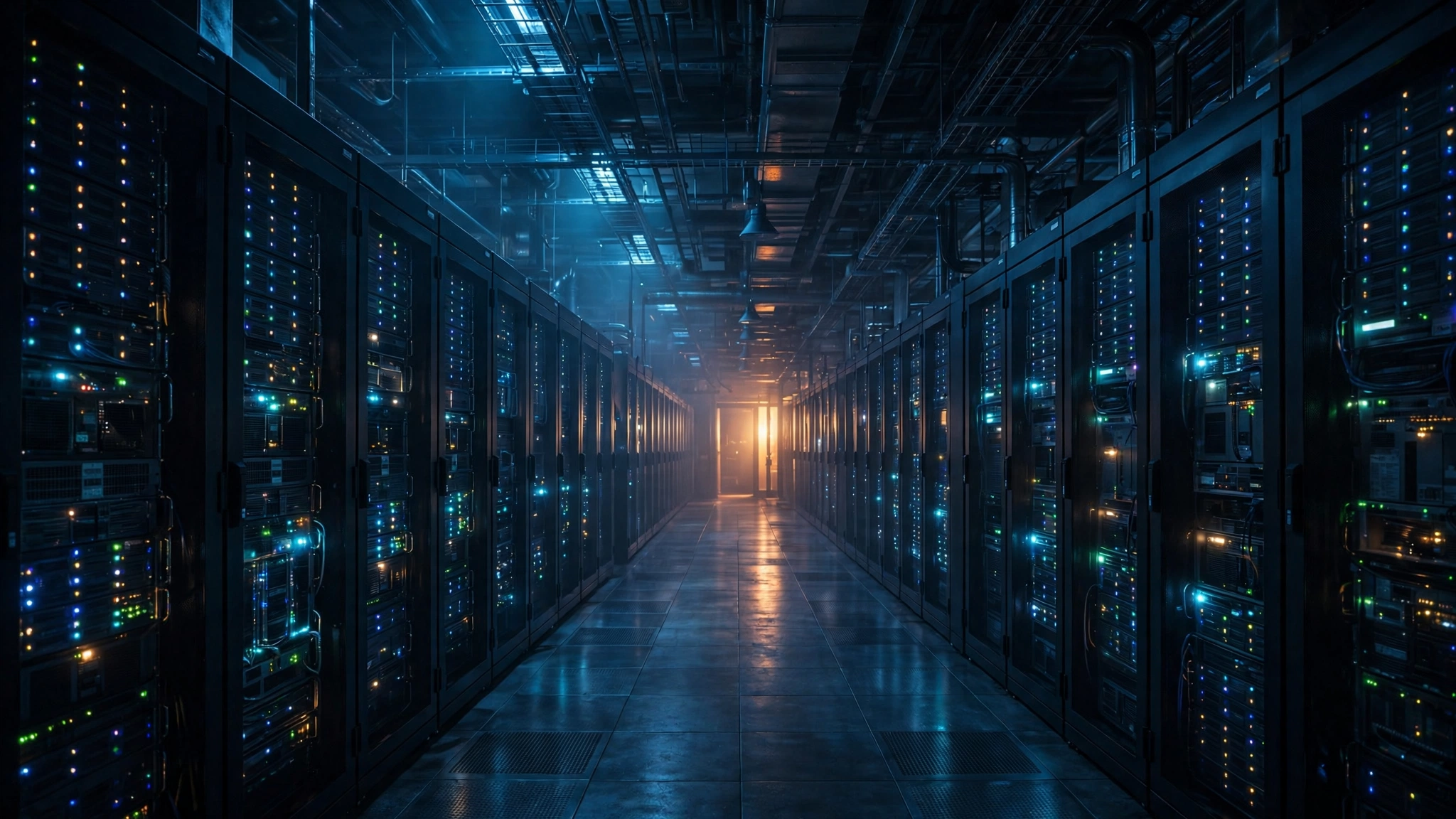 A vast dark data center corridor stretching into the distance
