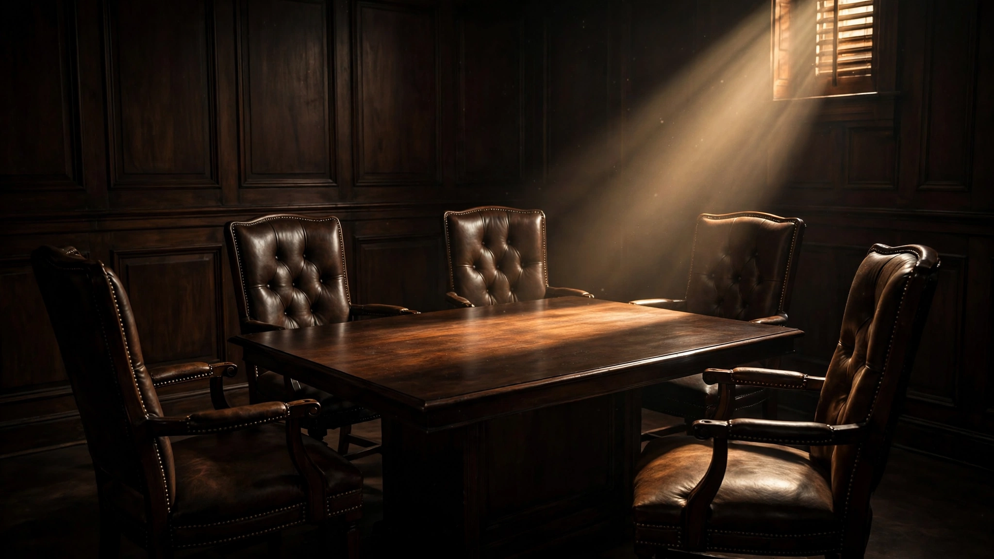Five empty leather chairs around a table in a dark wood-panelled room