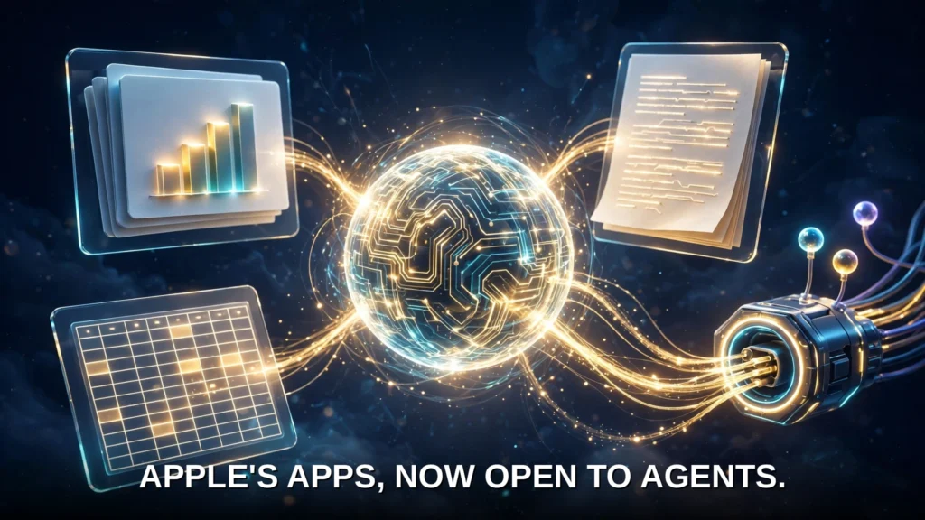 Apple's AI assistant orb connecting Pages, Keynote and Numbers documents, with outside agents plugging in through a glowing connector port