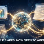 Apple's AI assistant orb connecting Pages, Keynote and Numbers documents, with outside agents plugging in through a glowing connector port