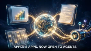 Apple's AI assistant orb connecting Pages, Keynote and Numbers documents, with outside agents plugging in through a glowing connector port