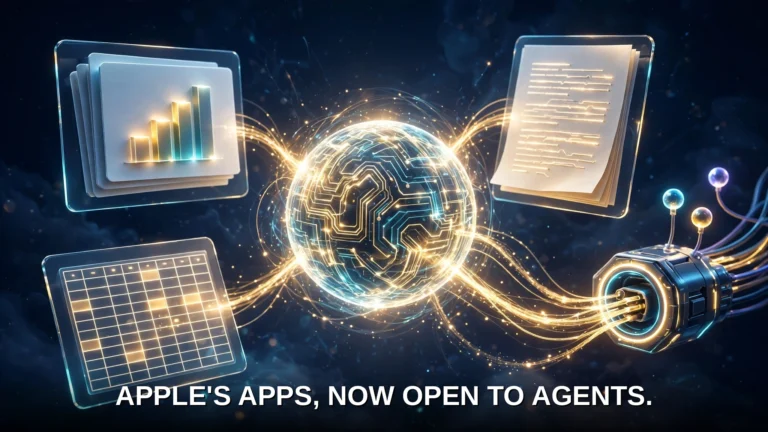 Apple's AI assistant orb connecting Pages, Keynote and Numbers documents, with outside agents plugging in through a glowing connector port