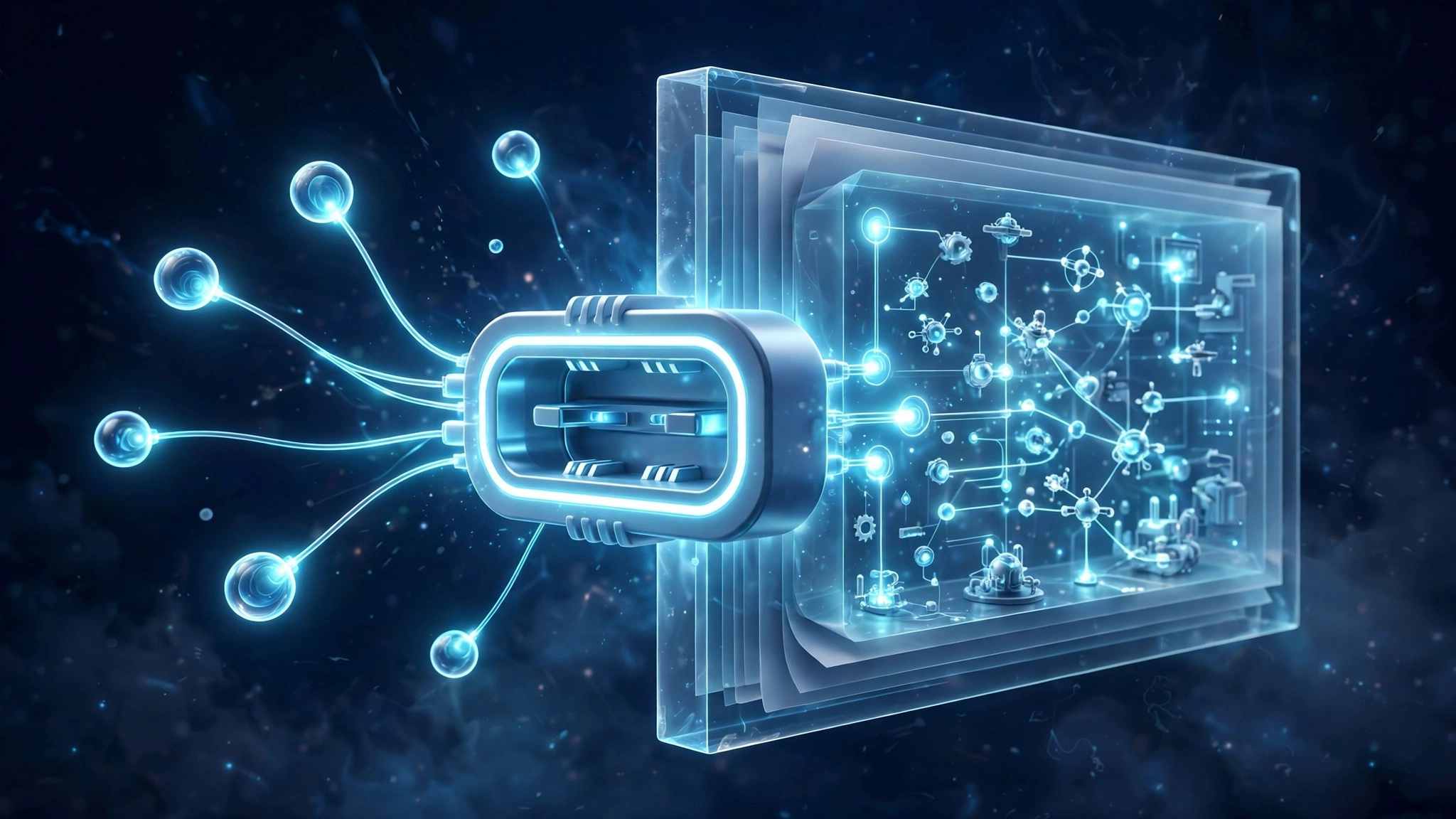 Glowing agent orbs plugging into a document through a universal connector port