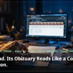 Cinematic night desk scene: a hand holding a paper contract in front of a glowing monitor showing a browser with many tabs, for the article on Arc's shutdown and the negotiation for its community's loyalty.