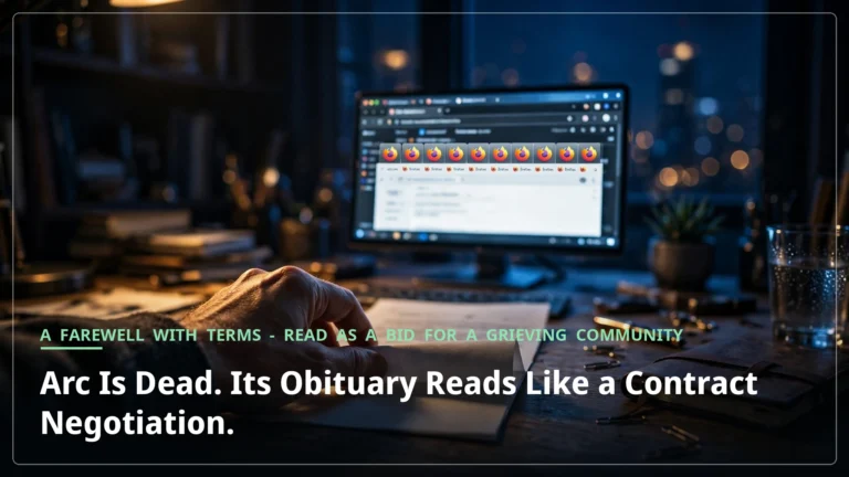 Cinematic night desk scene: a hand holding a paper contract in front of a glowing monitor showing a browser with many tabs, for the article on Arc's shutdown and the negotiation for its community's loyalty.
