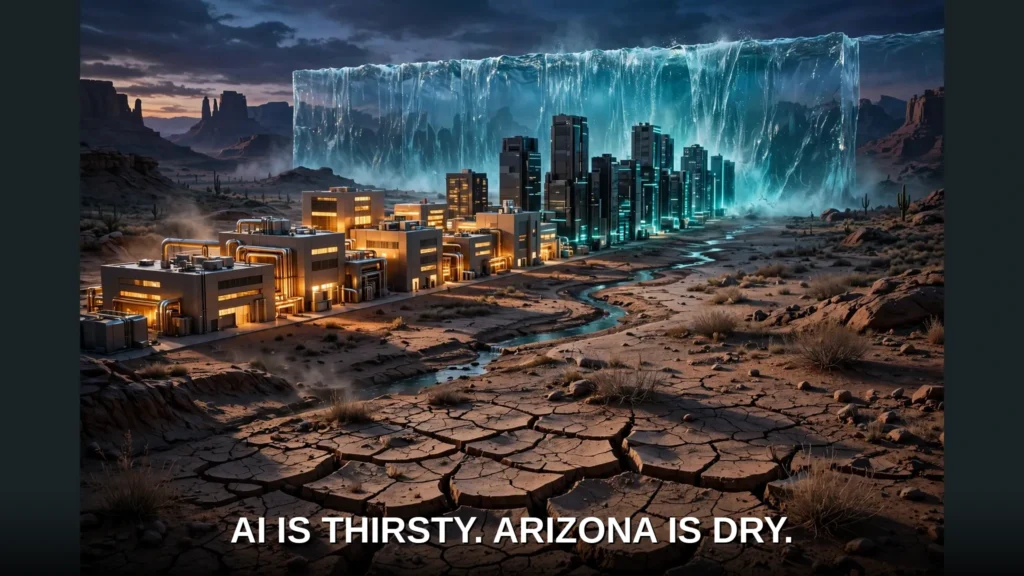 Glowing chip fabs and data centers in a parched Arizona desert facing a towering wall of water, with a shrinking river over cracked earth