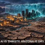 Why Arizona's AI Boom Is Running Into a Water Wall Glowing chip fabs and data centers in a parched Arizona desert facing a towering wall of water, with a shrinking river over cracked earth