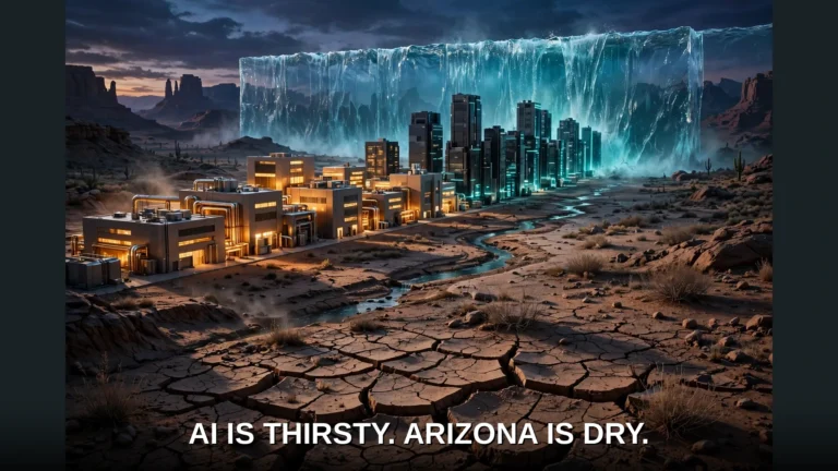 Glowing chip fabs and data centers in a parched Arizona desert facing a towering wall of water, with a shrinking river over cracked earth