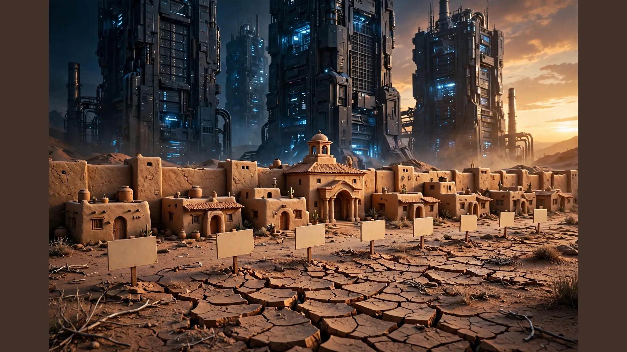 Desert homes and a town hall standing before looming data-center towers, with blank protest placards in cracked earth