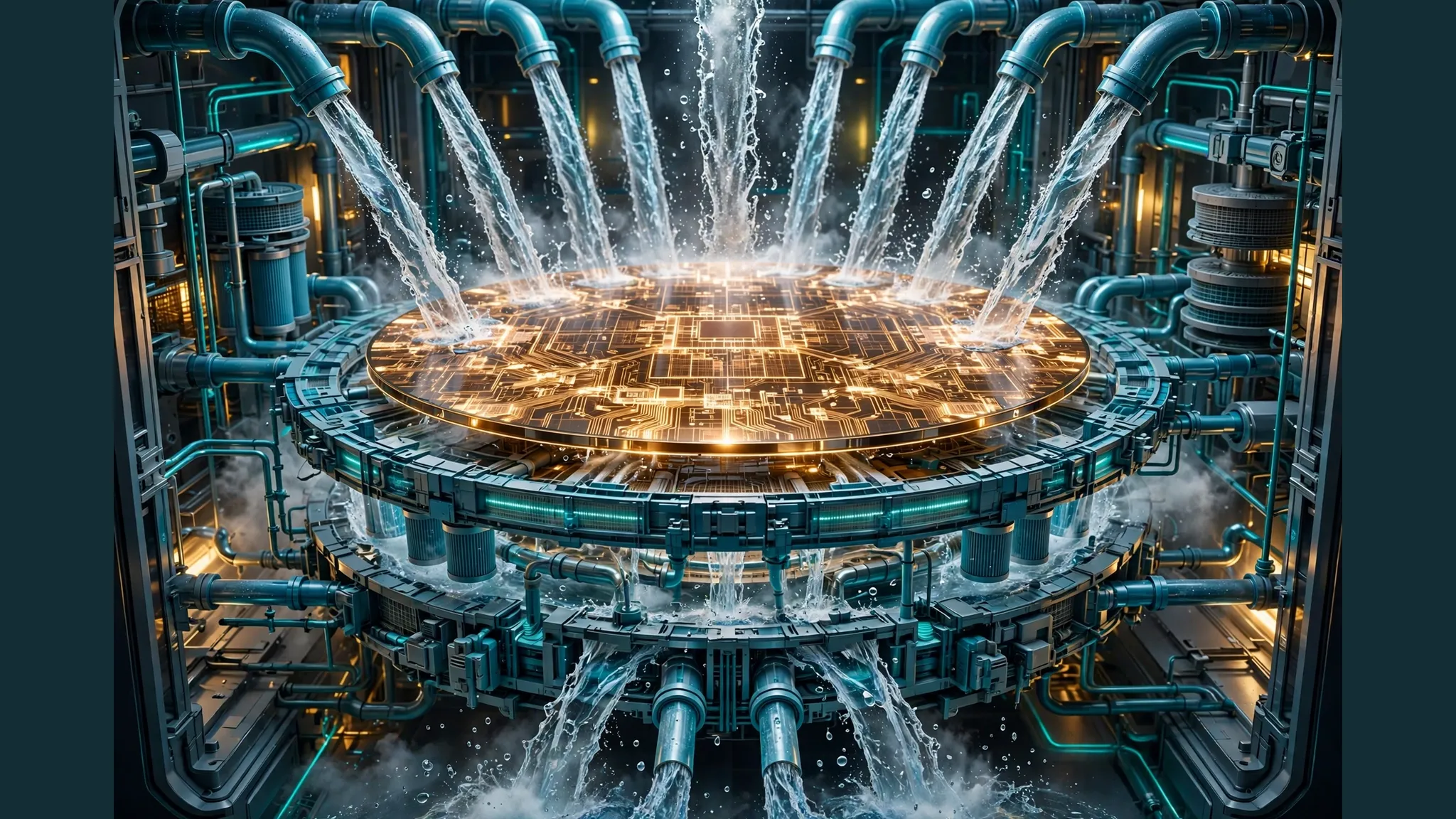A glowing silicon wafer washed by converging streams of ultrapure water inside a chip fab