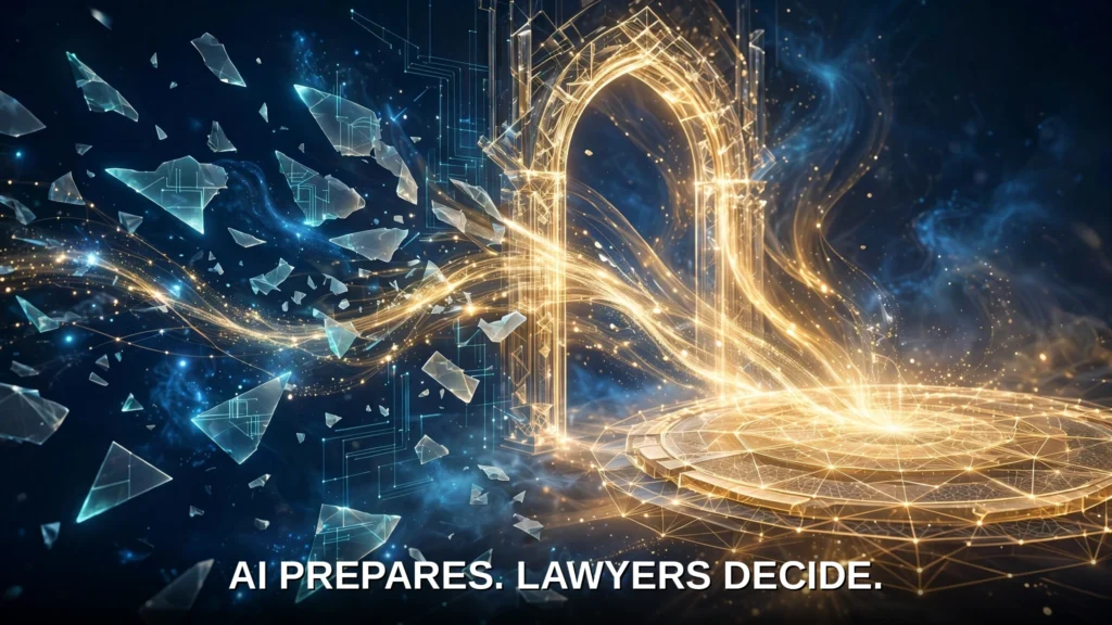 Scattered glowing fragments of legal knowledge converge through a luminous doorway into one radiant shared platform.