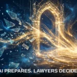 Scattered glowing fragments of legal knowledge converge through a luminous doorway into one radiant shared platform.