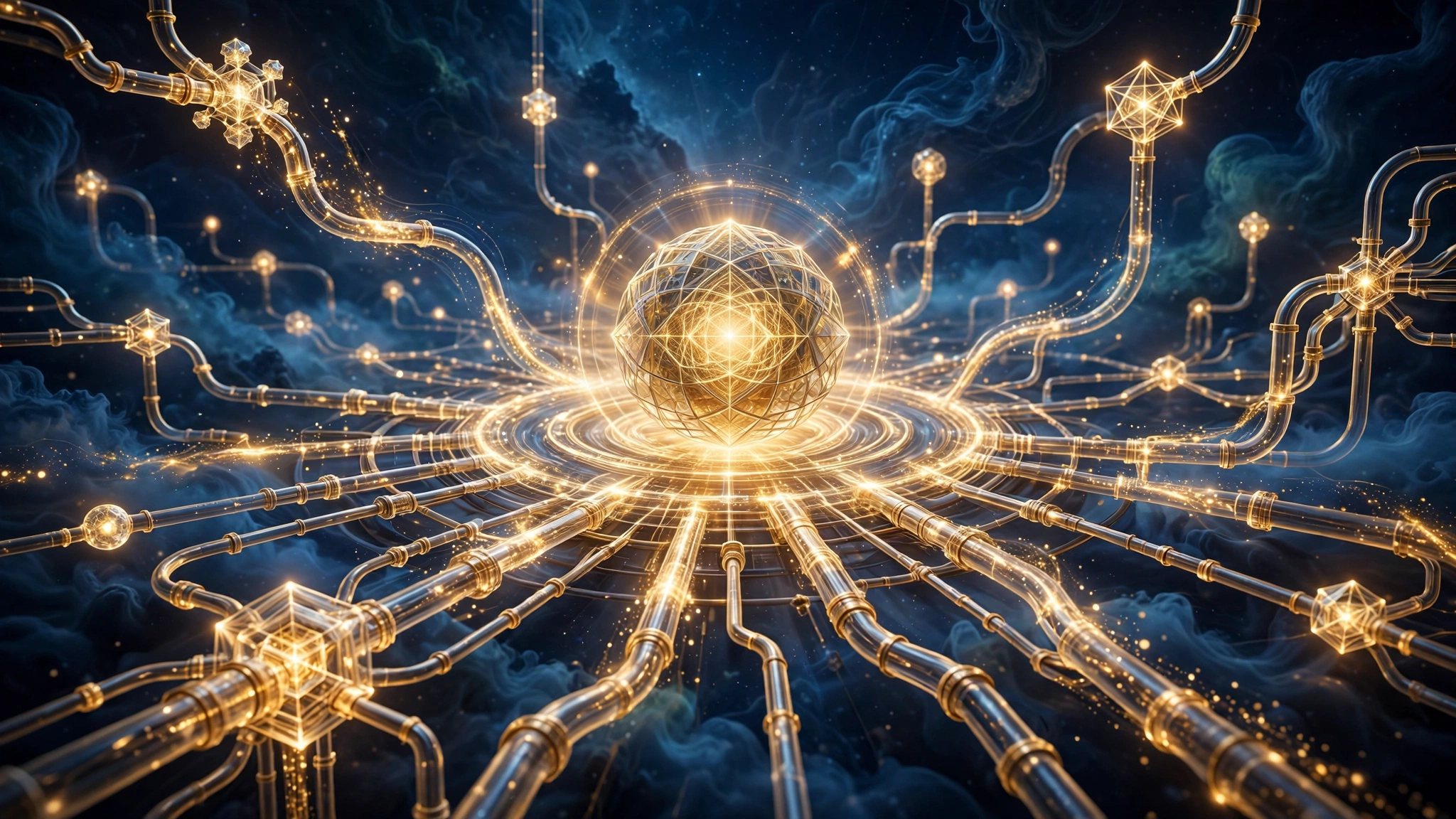 Glowing channels carry streams of light into a central radiant core, visualising a knowledge layer connecting scattered expertise.