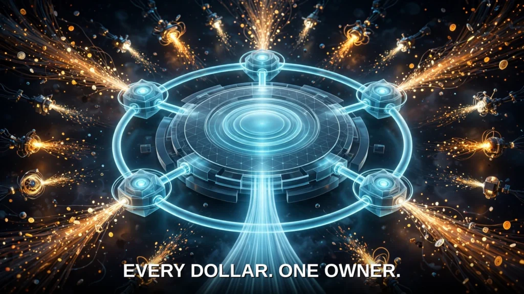 Glowing control platform absorbing chaotic token streams into one orderly flow, symbolising the five-stage Bedrock cost operating model.