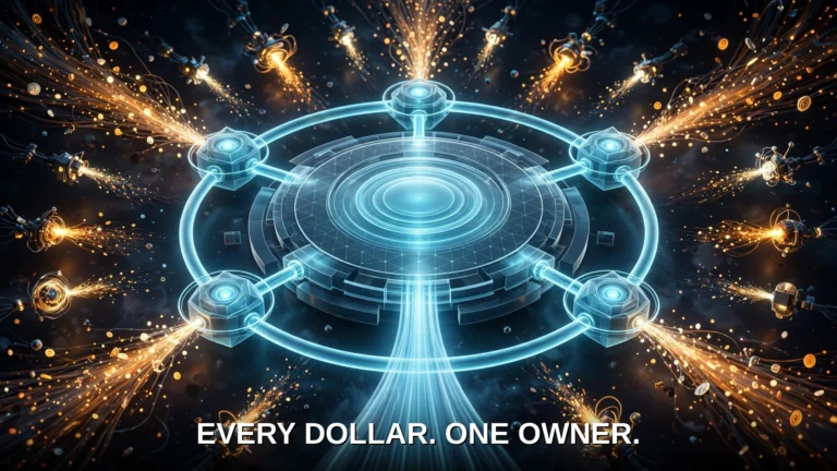 Glowing control platform absorbing chaotic token streams into one orderly flow, symbolising the five-stage Bedrock cost operating model.