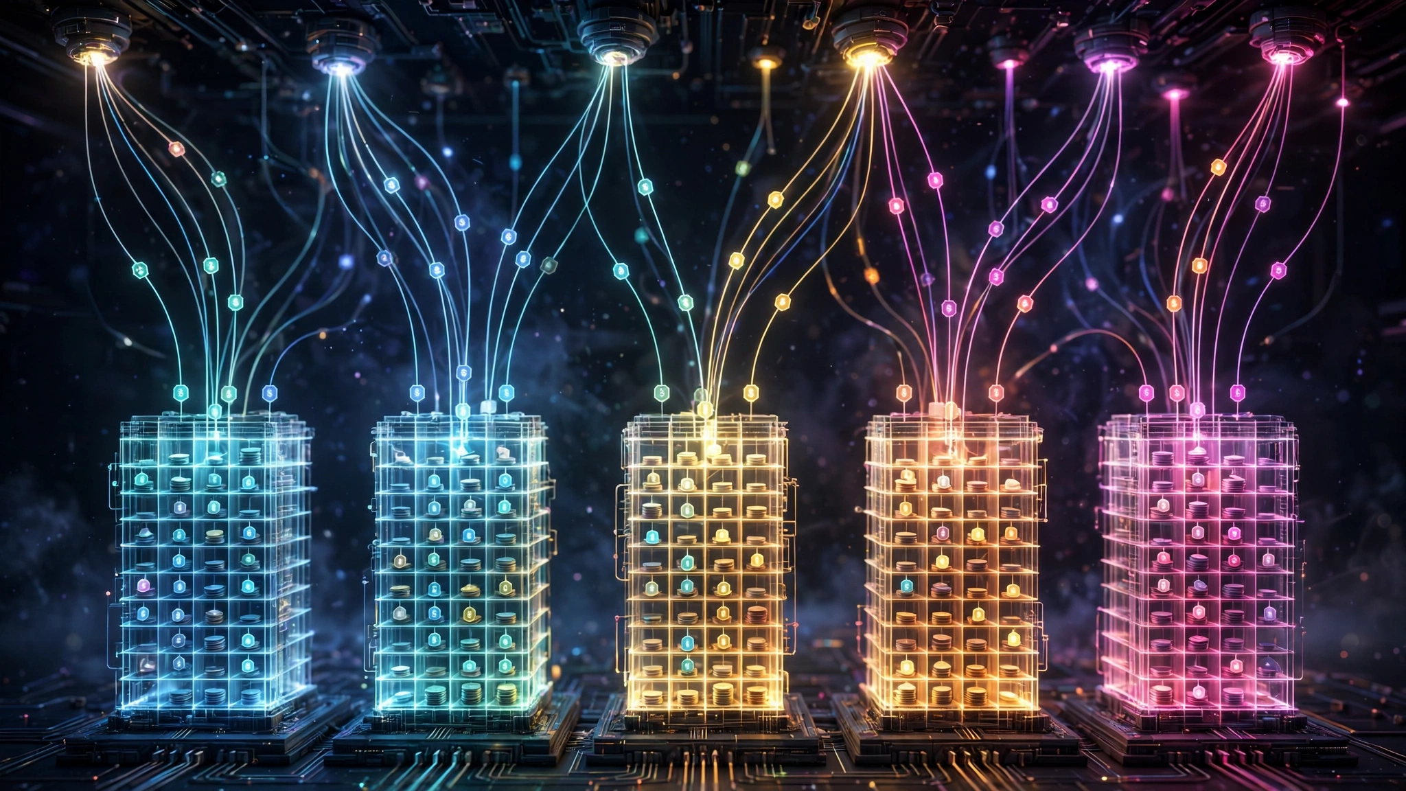 Tagged token streams sorting into glowing ledger columns, one per owner.