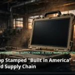 A rugged tan BlueChip laptop with a carrying handle on a dark workbench in a moody factory