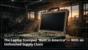 A rugged tan BlueChip laptop with a carrying handle on a dark workbench in a moody factory