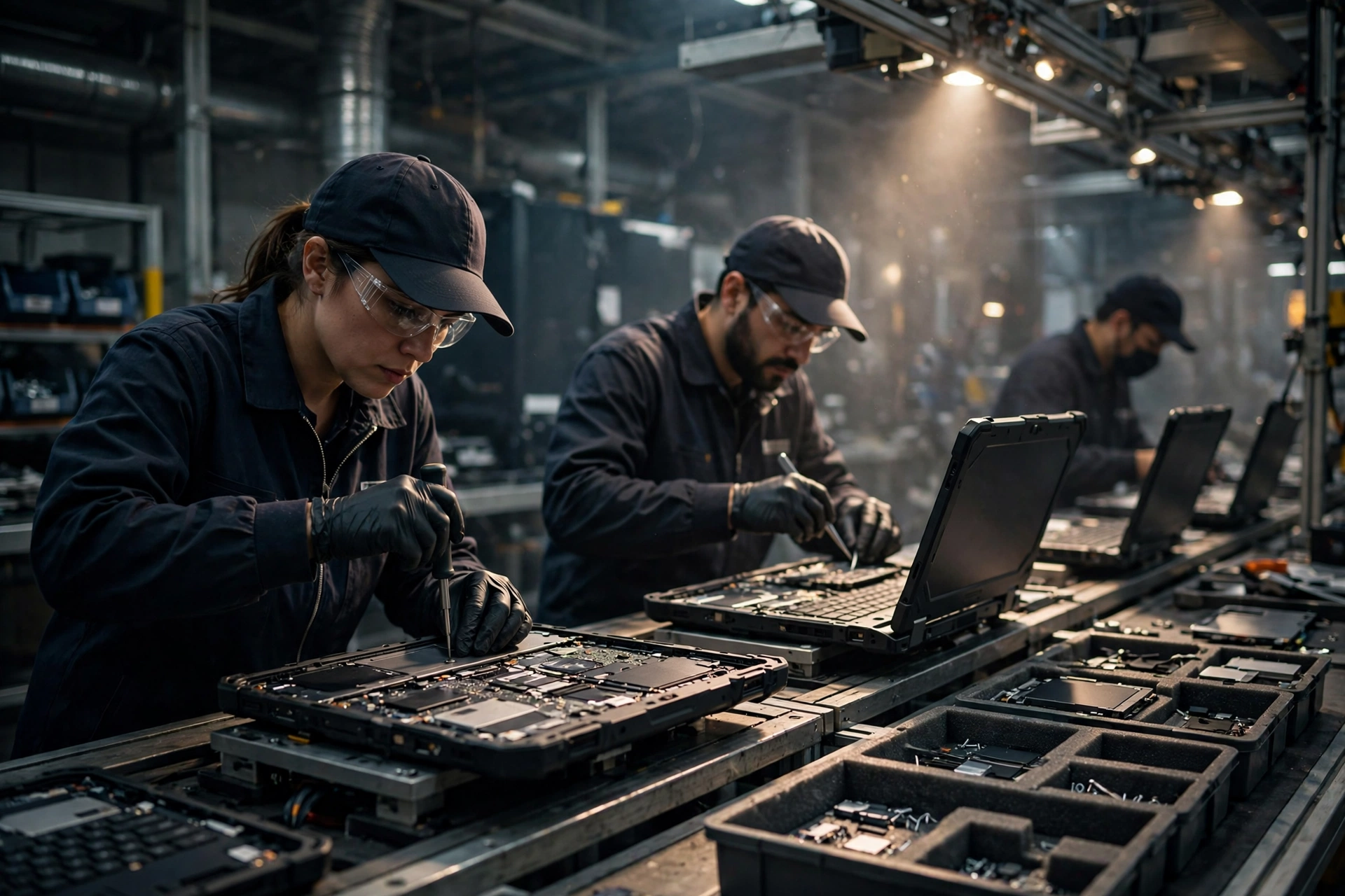 Workers assembling rugged laptops on a production line in an electronics plant