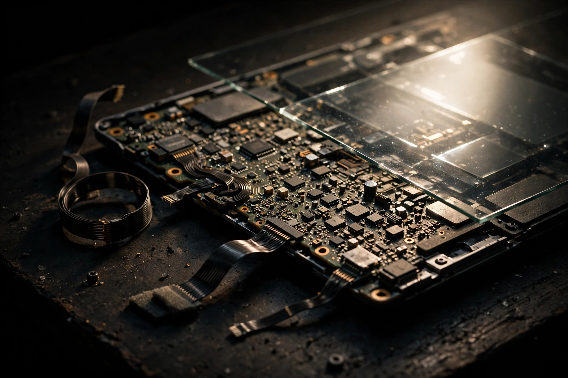 Laptop components - circuit board, display glass and ribbon cables - laid out on a dark workbench