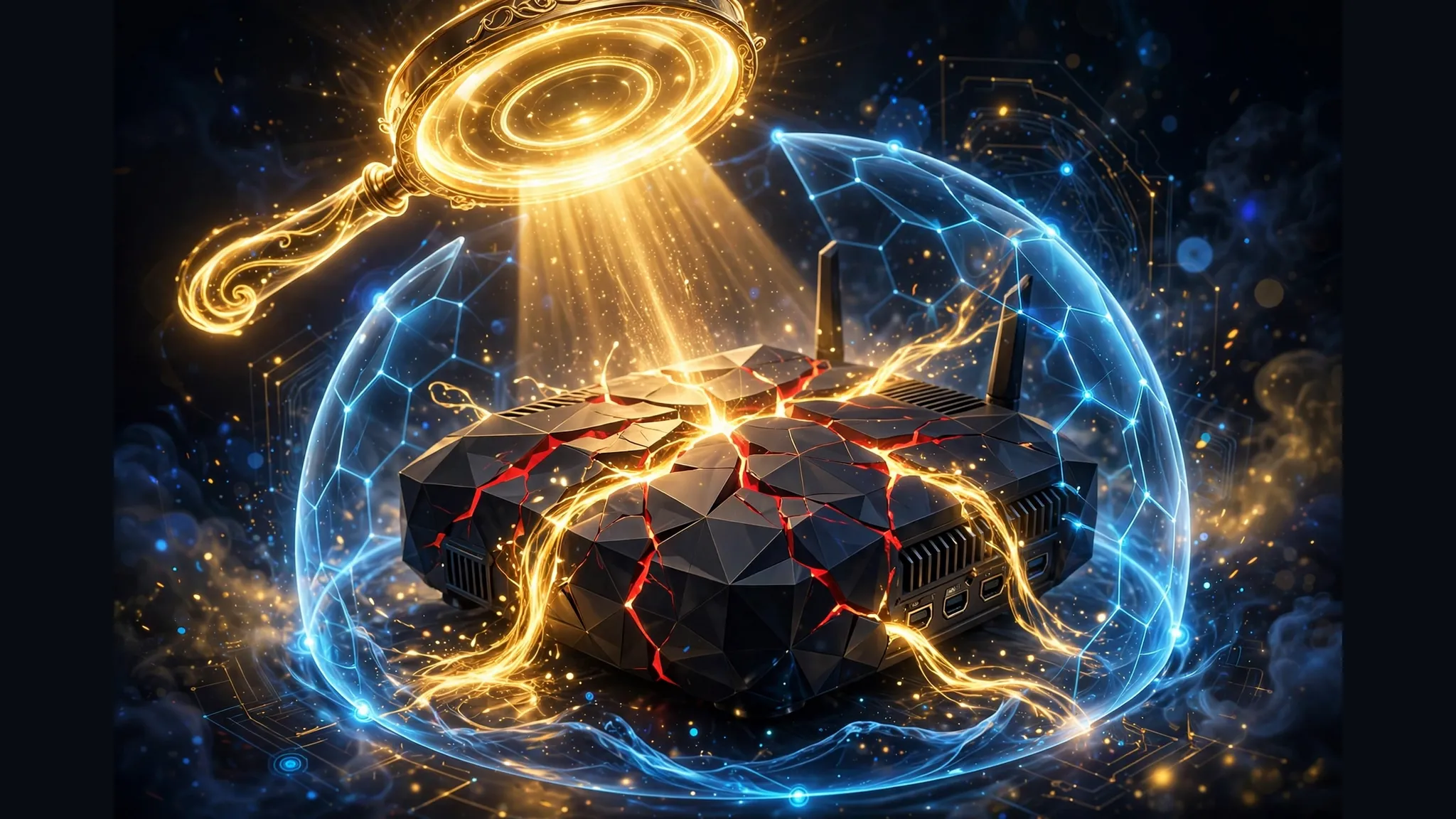 A golden lens scanning a cracked router device as golden light seals the vulnerabilities inside a blue energy shield.