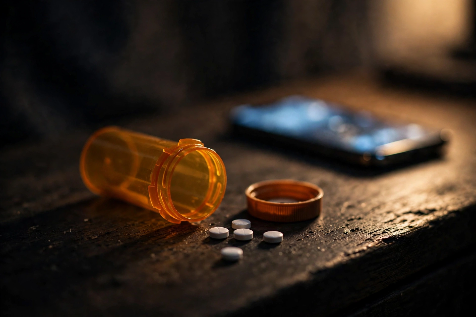An amber pill bottle lying on its side with white tablets scattered on a dark wooden nightstand.