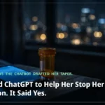 She Asked ChatGPT to Help Her Stop Her Seizure Medication. It Said Yes. A smartphone glowing beside a prescription pill bottle on a bedside table at night, city lights blurred through the window.
