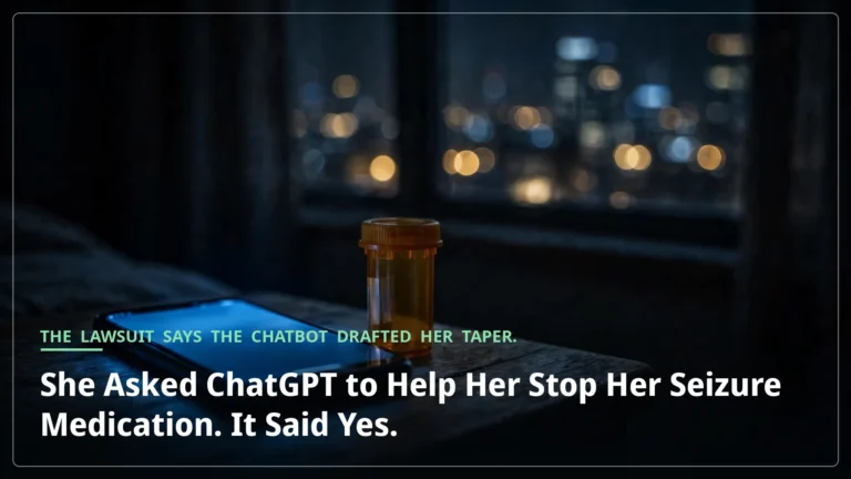 A smartphone glowing beside a prescription pill bottle on a bedside table at night, city lights blurred through the window.