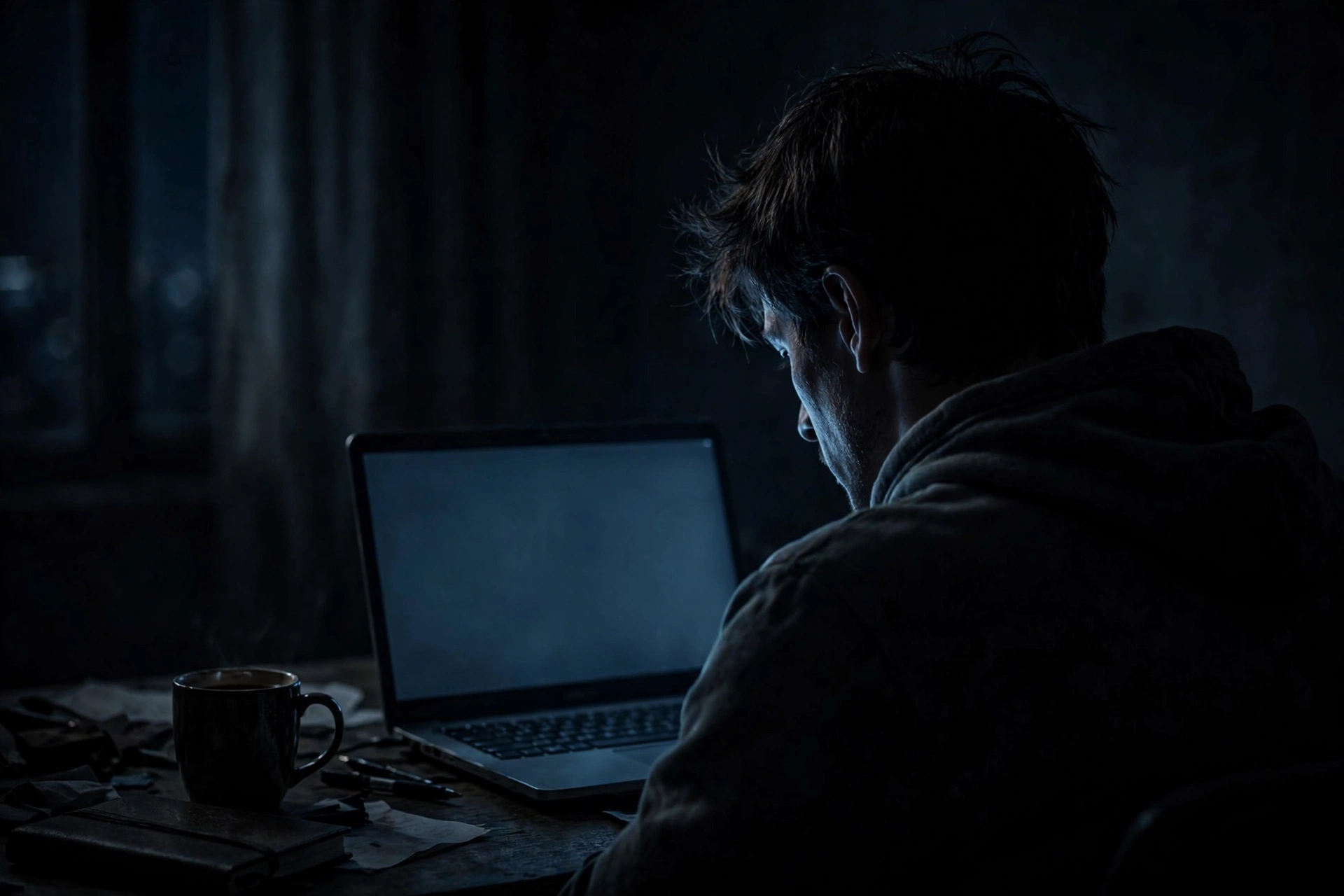 A lone person silhouetted at a glowing laptop in a dark room late at night.
