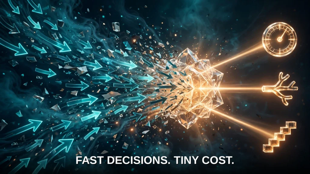 A flood of glowing request arrows streaming into a luminous crystalline decision hub that emits three clean streams of light ending in a dial, a branching fork and a stepped ladder.