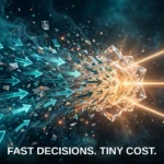 A flood of glowing request arrows streaming into a luminous crystalline decision hub that emits three clean streams of light ending in a dial, a branching fork and a stepped ladder.