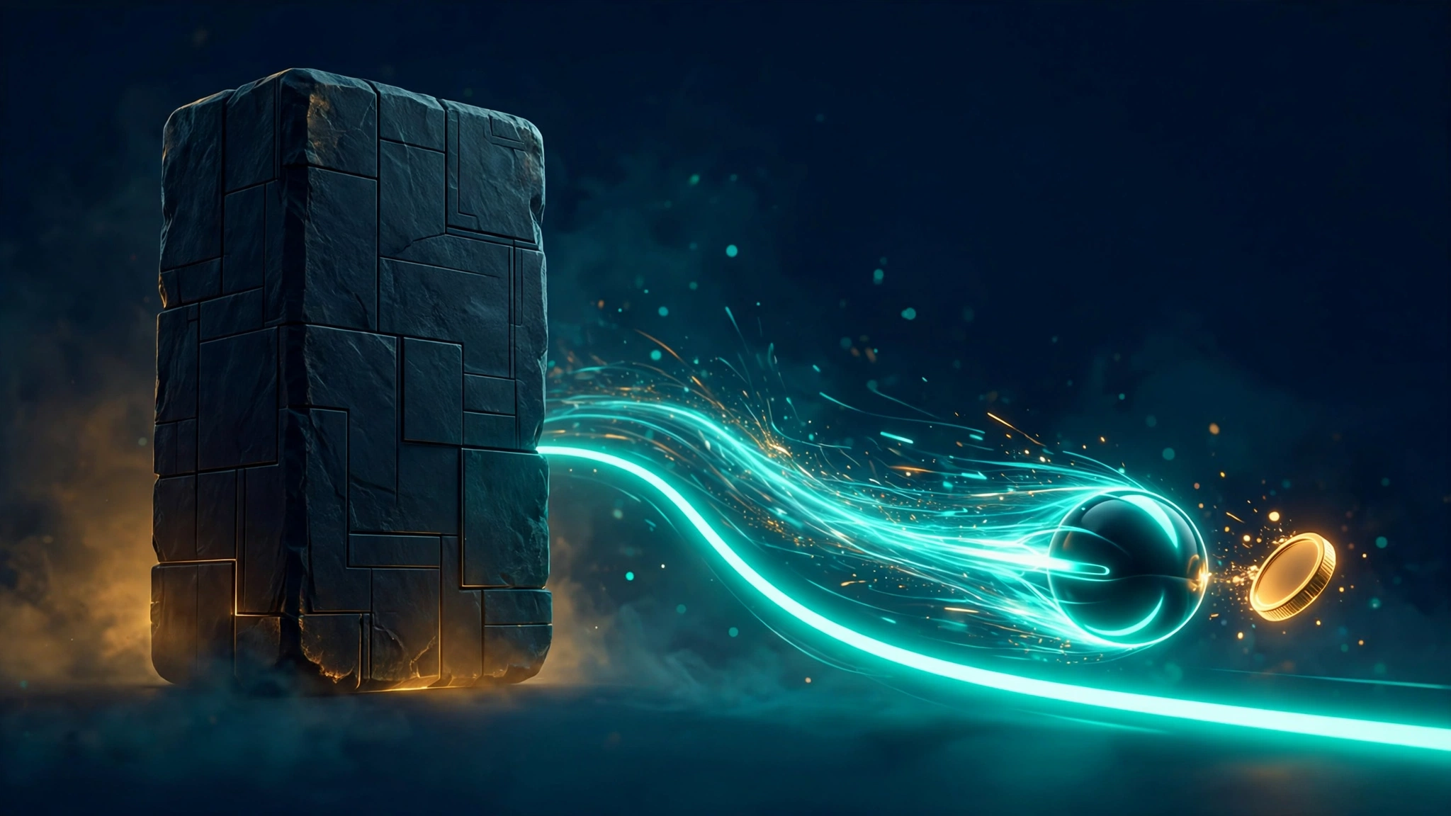 A heavy dark monolith beside a small glowing orb racing along a bright light track with a gold coin, symbolising speed at low cost.