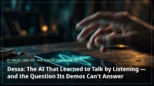 Block's Dessa voice AI: a phone glowing with a voice waveform on a dark desk