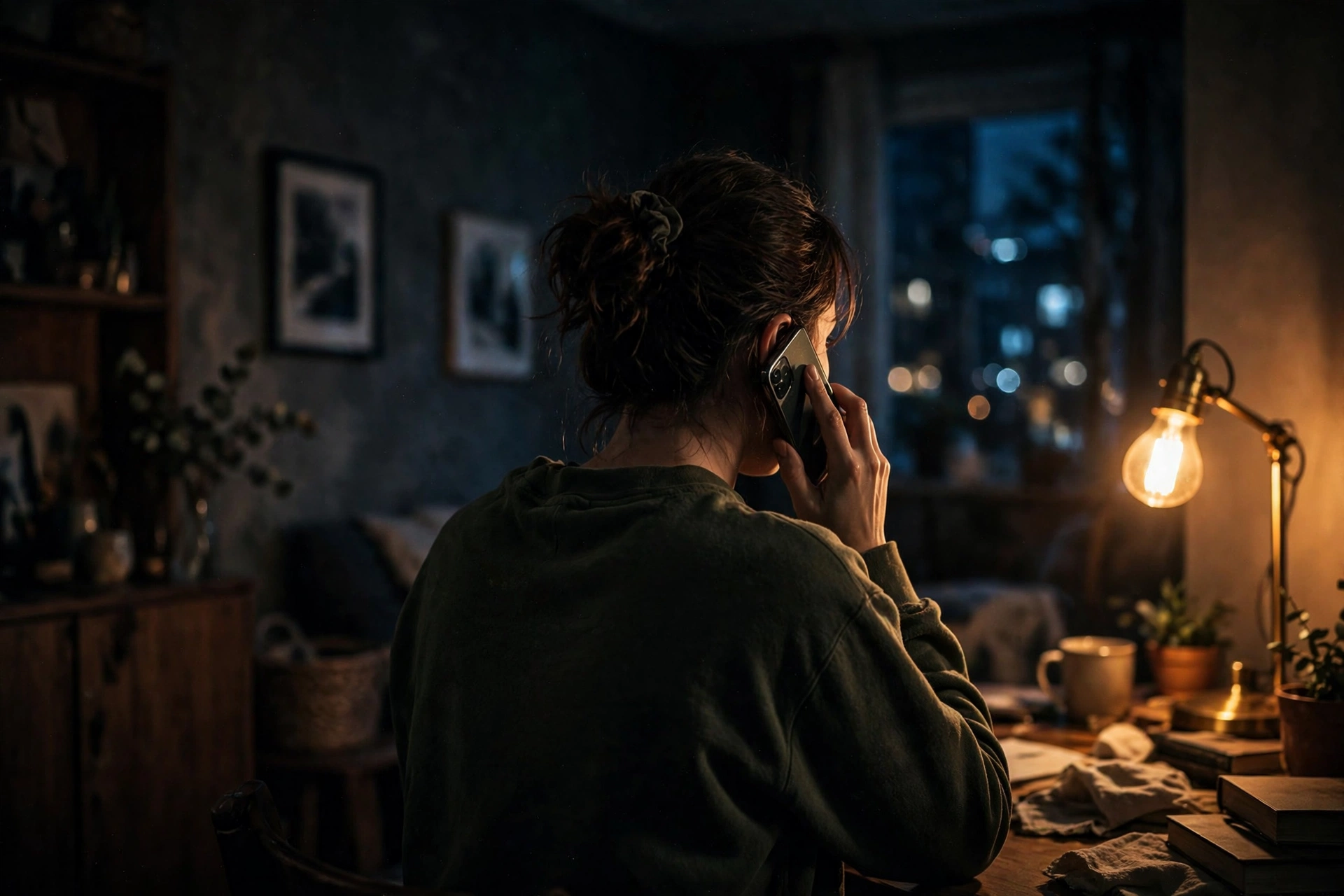 A person mid phone call in a dim room — the demo that feels like a phone call