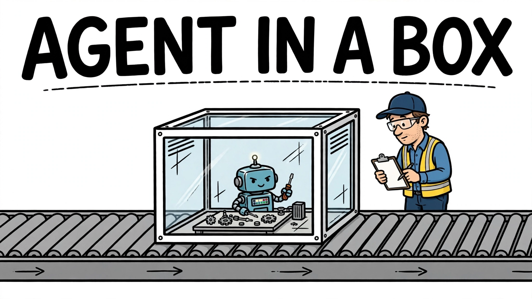 Cartoon robot working inside a glass box on a conveyor belt while a supervisor watches
