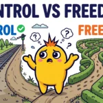 Cartoon character deciding between a straight railway track and a tangled maze — control vs freedom