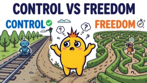 Cartoon character deciding between a straight railway track and a tangled maze — control vs freedom
