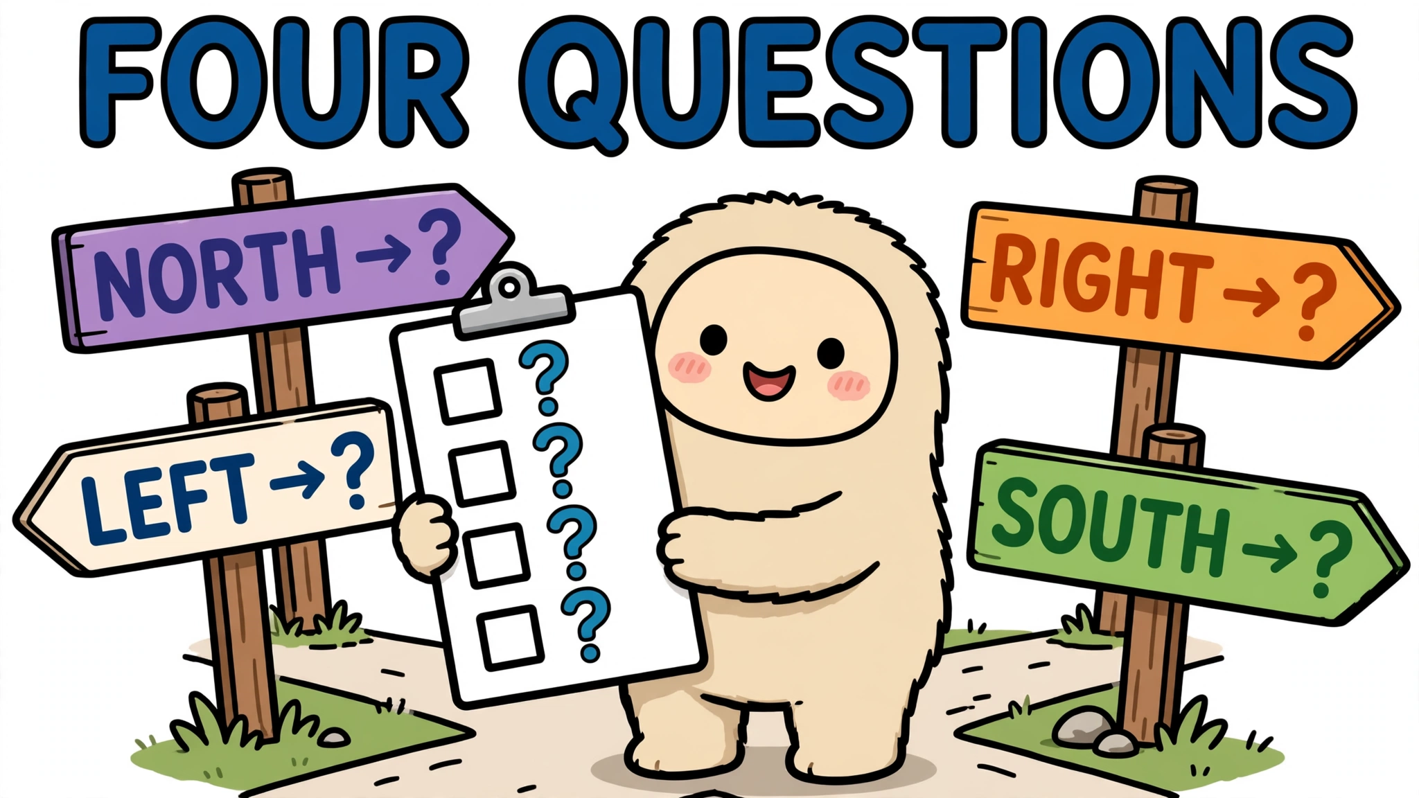 Cartoon character holding a checklist with four question marks at a crossroads