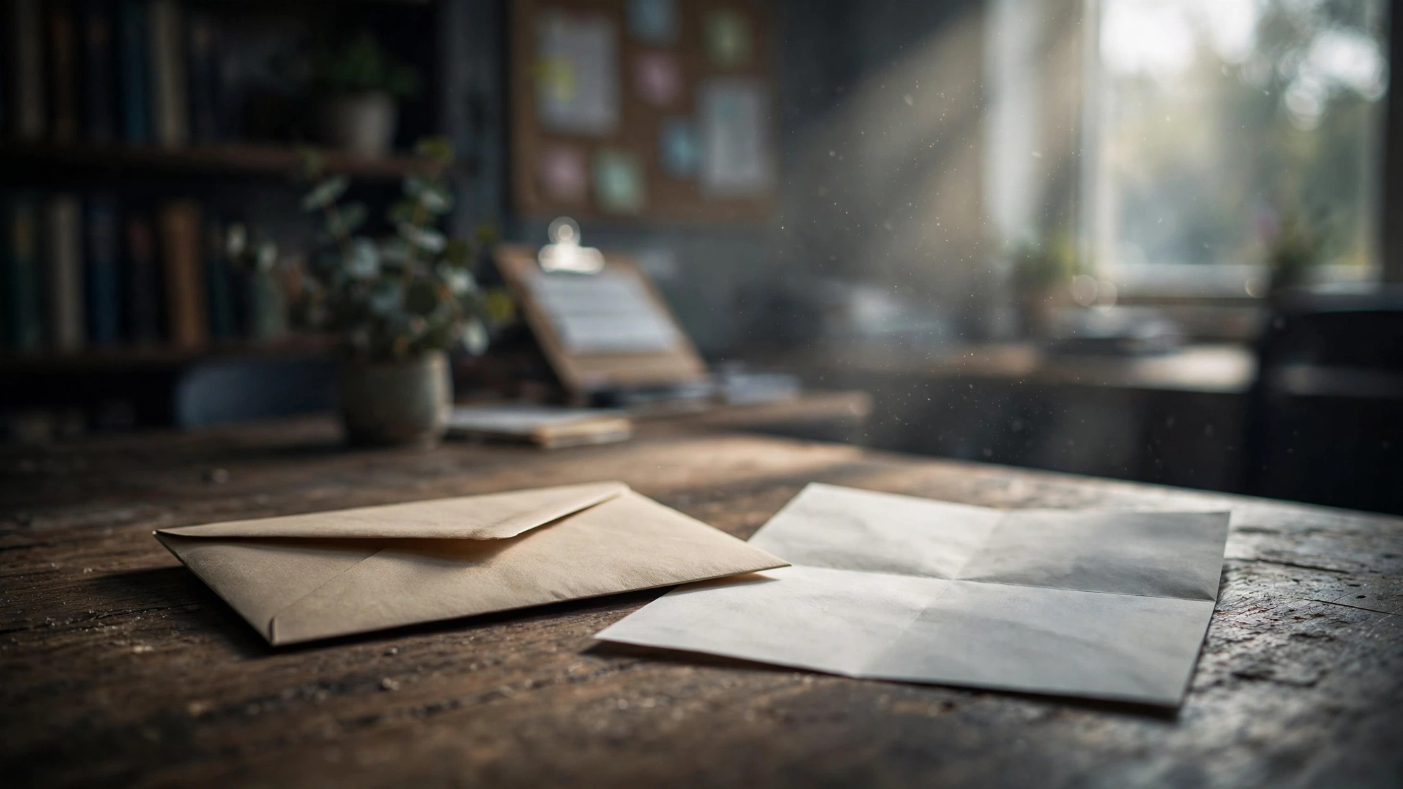 A sealed envelope and a blank letter on a wooden desk in an office