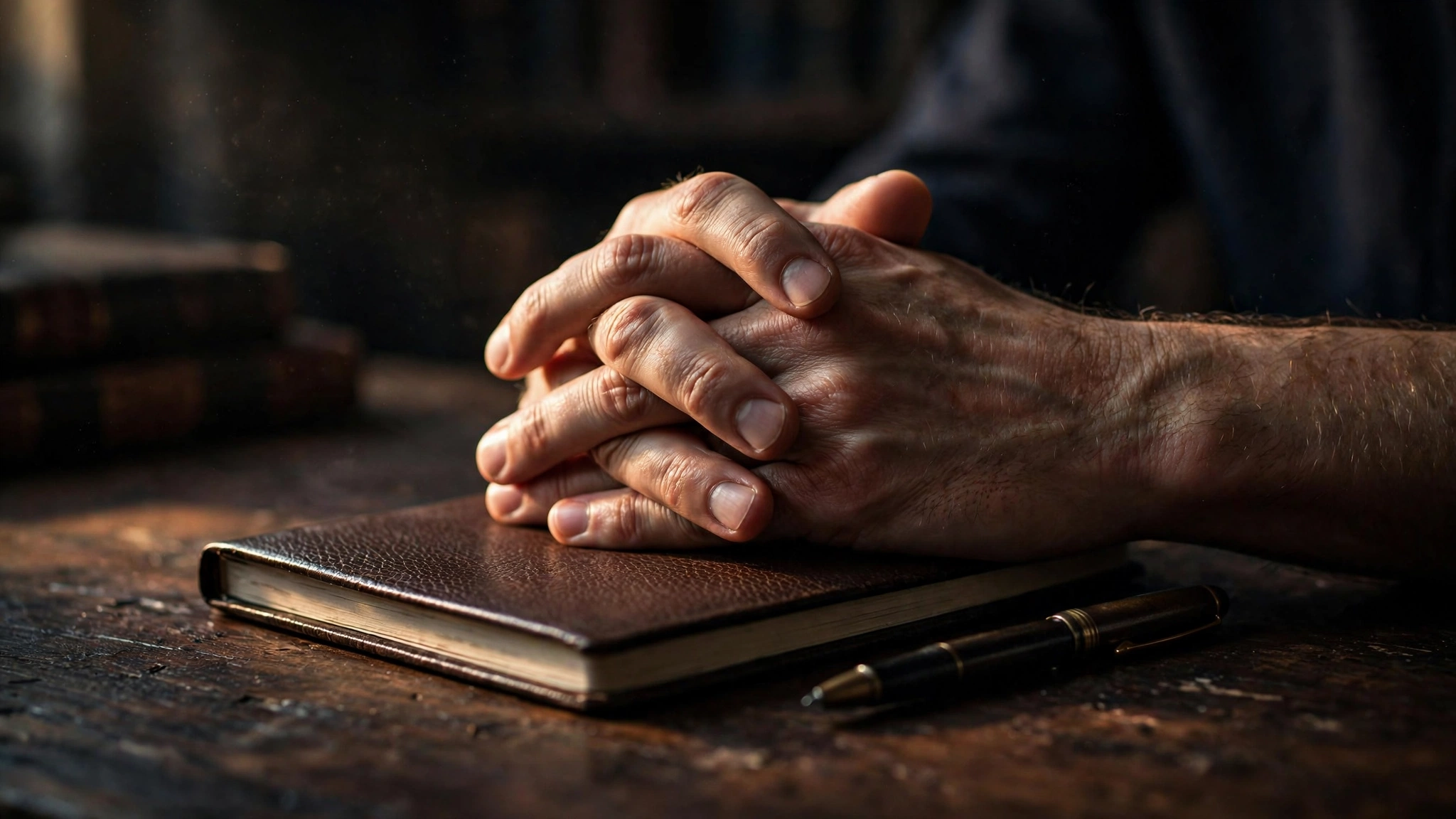 Hands resting on a closed notebook beside a pen on a dark desk