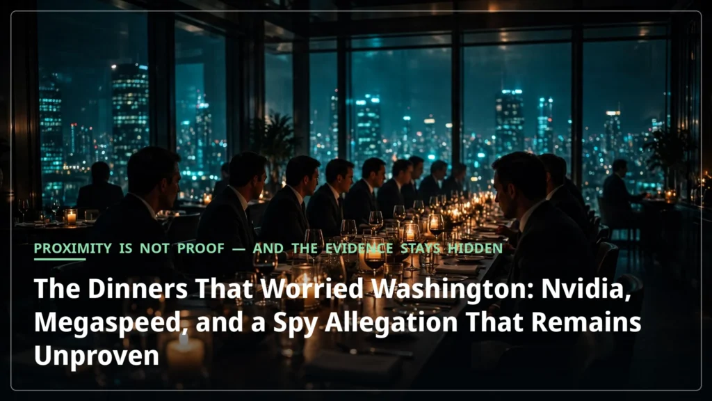 A moody business dinner at night, silhouetted guests around a table beneath a city skyline