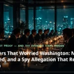 A moody business dinner at night, silhouetted guests around a table beneath a city skyline