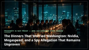 A moody business dinner at night, silhouetted guests around a table beneath a city skyline