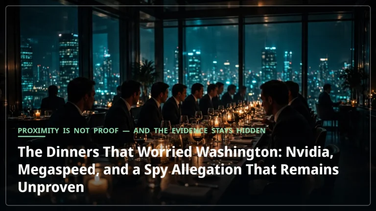A moody business dinner at night, silhouetted guests around a table beneath a city skyline