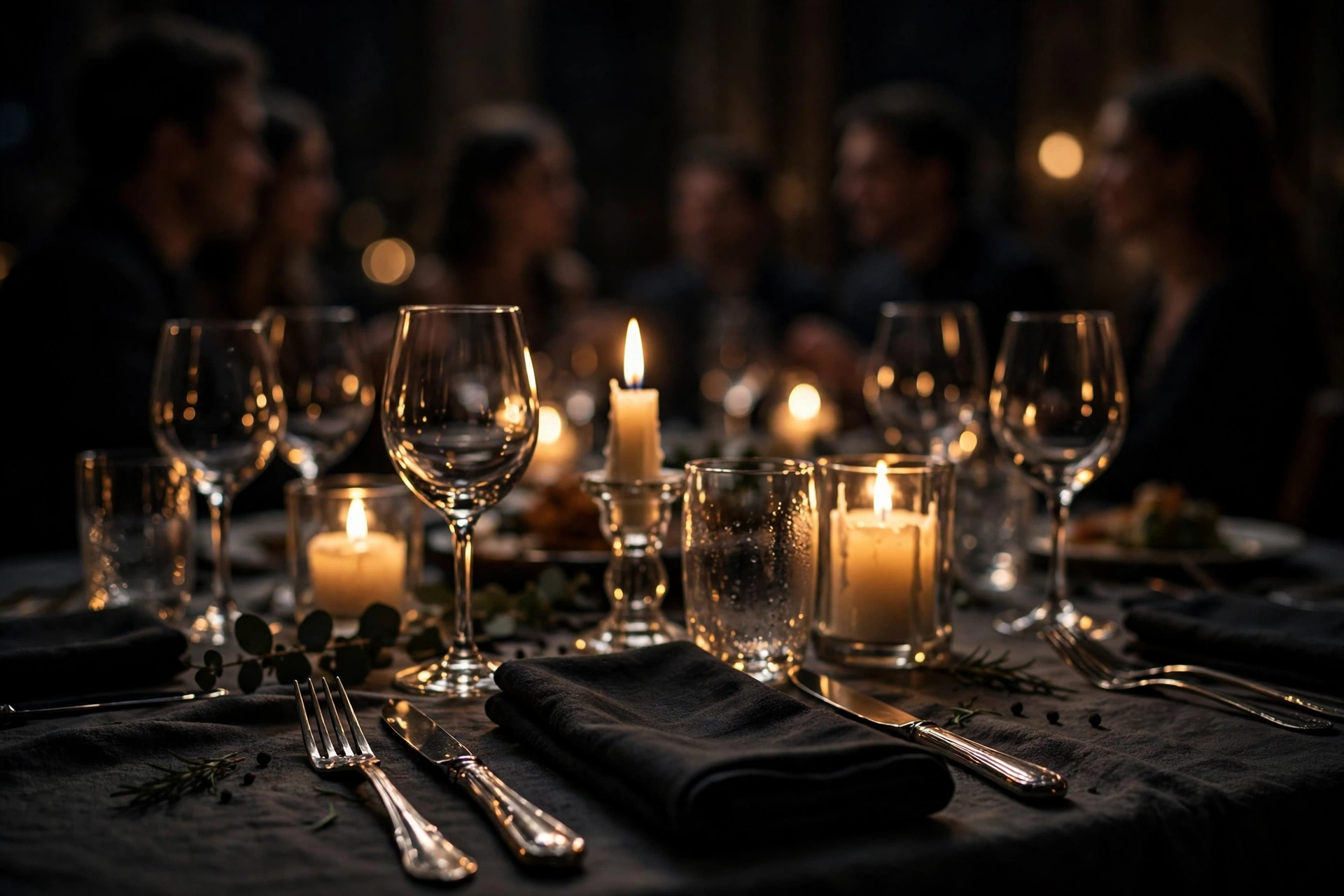 A dinner table setting in warm candlelight with guests blurred in the background