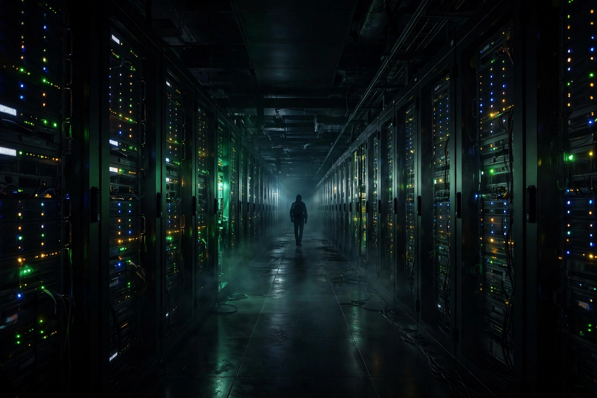 A dark data centre corridor with rows of glowing server racks