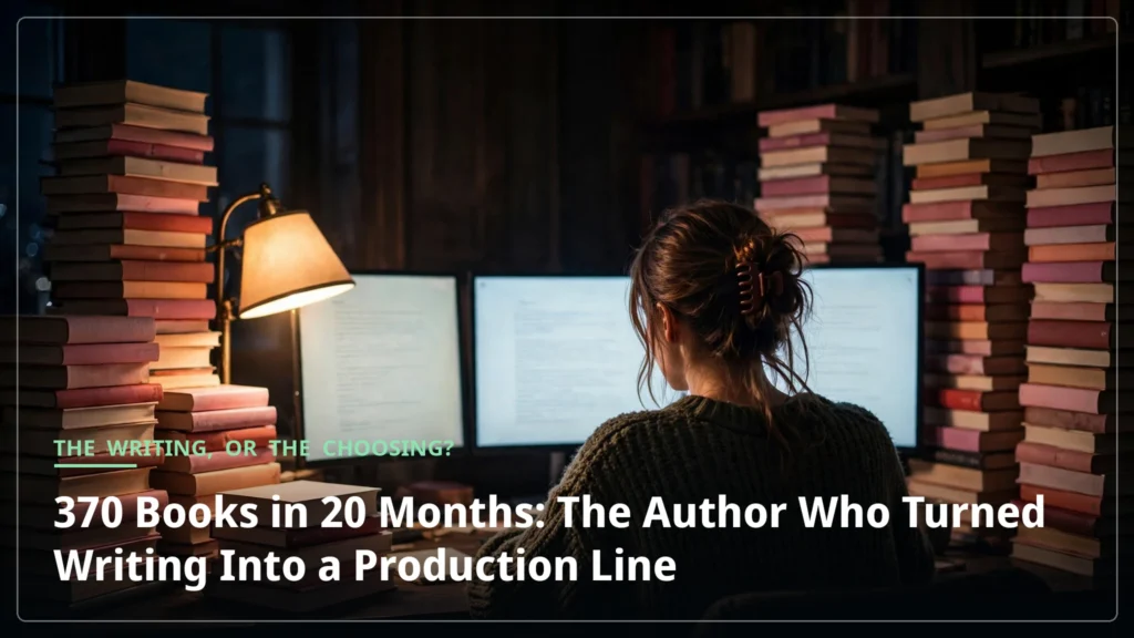 A writer at a desk at night surrounded by stacks of paperback books and glowing monitors