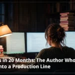 A writer at a desk at night surrounded by stacks of paperback books and glowing monitors